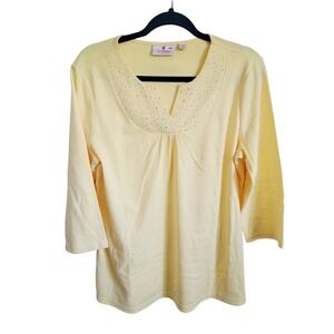 Quacker Factory M‎ Yellow Knit Top Shirt 3/4 Sleeve Beaded Collar NWT